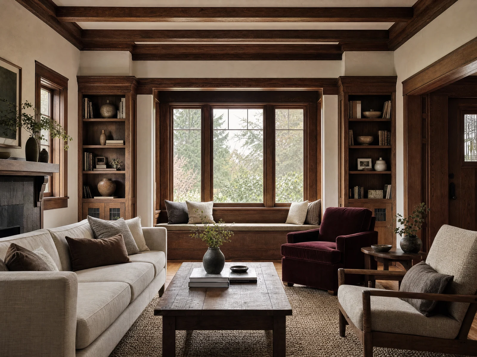 Illustrative concept: Craftsman interior with warm woodwork and retained architectural details